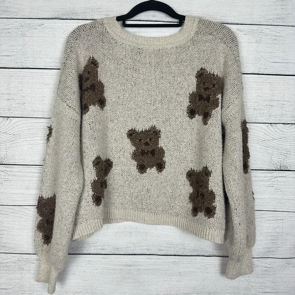 Oak+Meadow Anthro Teddy Bear Sweater Top Pullover Womens Sz Large Coquette Cozy - Picture 4 of 6
